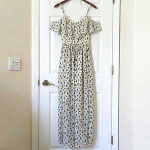 Abercrombie & Fitch Floral Chiffon Cold Shoulder A-Line Maxi Dress Ivory Navy S